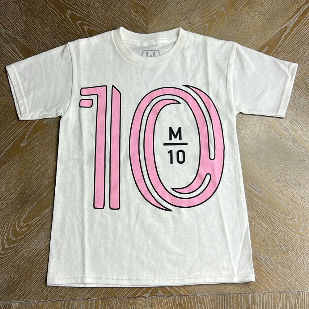 MESSI Kids White Pink 10 Messi GOAT Football Soccer Print Tee S - Picture 2 of 6